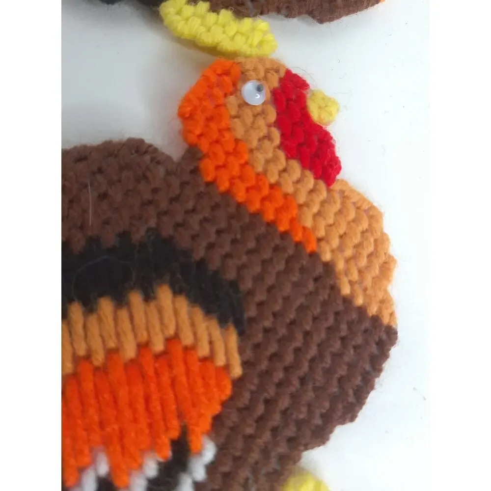 Vintage Plastic Canvas Needlepoint Thanksgiving Holiday Coasters Caddy Set of 12